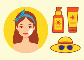 Woman applying sunscreen with sun protection items skincare beauty
