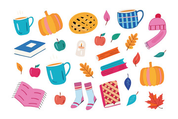 Cozy Autumn Essentials: This charming illustration captures the essence of autumn, showcasing a delightful assortment of cozy items like a mug, pumpkin, cookie, book, apple, leaf and candle.