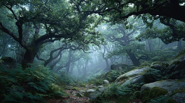 Mystical foggy forest scenic landscape ancient twisted trees shrouded in mist beams of light piercing through the dense woodland - Powered by Adobe