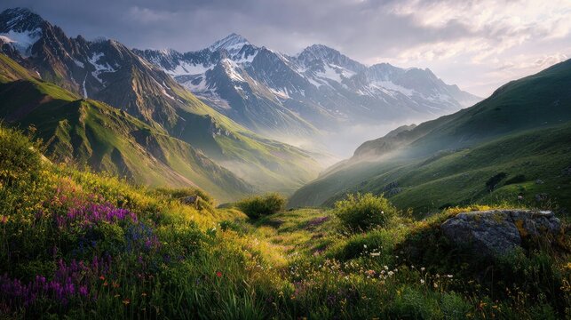 Majestic snow-capped mountains under a golden sunrise scenic alpine landscape with misty valleys and vibrant wildflowers