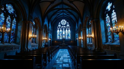 Fototapeta premium A serene cathedral interior bathed in soft light from stained glass windows and candle holders, showcasing gothic architecture with dark stone walls, wooden pews, and a central altar
