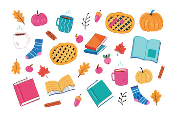 Autumn's Comforts: A vibrant illustration, showcasing fall favorites: pumpkins, books, mugs of warm drinks, pies, autumn leaves, socks.