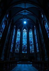 A serene cathedral interior bathed in soft blue light, showcasing intricate stained glass windows and a dark, gothic ceiling, illuminated by a single, glowing light source