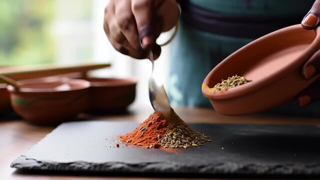 Close-up of South Asian woman's hands carefully adding colorful spices to a mound of red chili powder for culinary preparation.