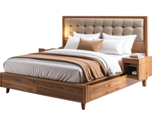 Queen-size bed with built-in storage, modern, transparent background 