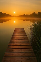 Fototapeta premium Golden sunrise illuminates wooden dock extending into misty lake with perfect sun reflection and reeds