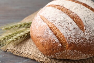 Fresh bread and green wheat spikes on wooden table, closeup