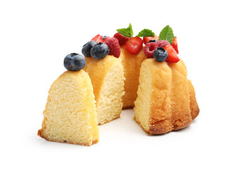 Tasty Bundt cake with berries and mint isolated on white