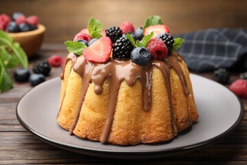 Tasty Bundt cake with berries, chocolate and mint on wooden table, closeup