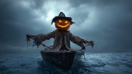 halloween witch with a pumpkin in the night