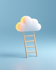 Ladder reaching cloud in minimalist blue background, concept of aspiration and dreams