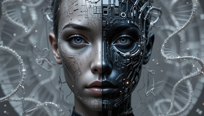 Futuristic Cybernetic Woman Face – Half Human, Half AI Robot