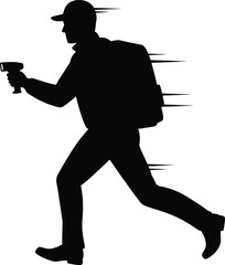Silhouette of a courier scanning a barcode on a package with a handheld device, action-focused, solid black vector on white
