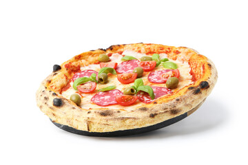 Delicious pizza with salami, olives, tomatoes and basil isolated on white