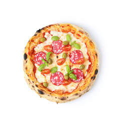 Delicious pizza with salami, olives, tomatoes and basil isolated on white, top view