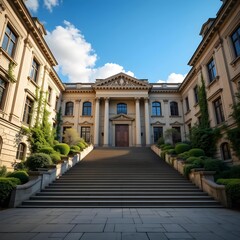 Obraz premium Grand Classical Architecture: Majestic Staircase and Symmetrical Building Facade Under a Blue Sky