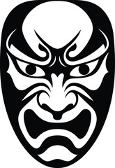 Solid black silhouette of a traditional Japanese kabuki mask, frontal view, white background, flat vector