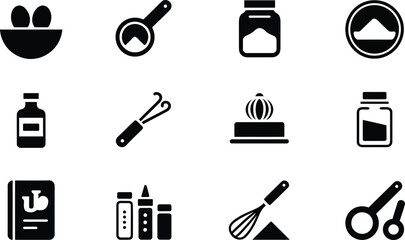 Black and white minimalist baking icons: recipe, ingredients, utensils, and measurements.