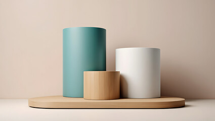Minimalist display of three cylindrical pedestals in varying heights and colors on a wooden base against a soft neutral background