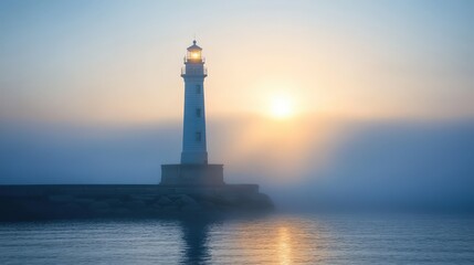 Lighthouse standing tall against a misty sunrise.