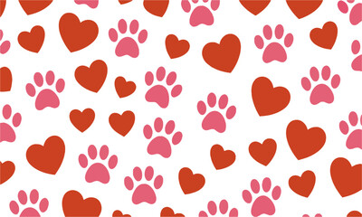 Fototapeta premium Modern vector illustration seamless pattern with scattered red hearts and pink paw prints, Red hearts, pink paw prints, and a clean white background, easily editable.