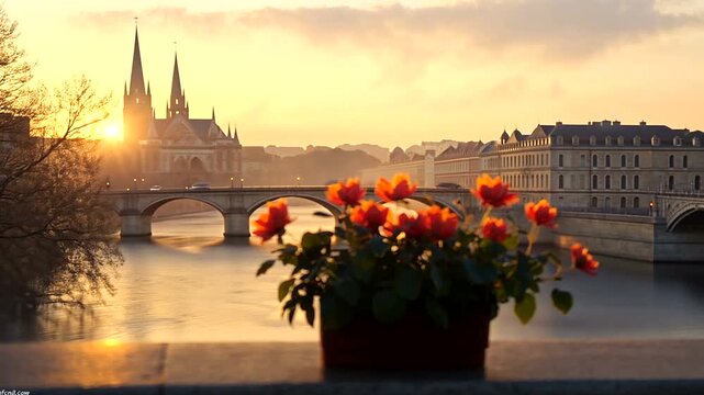 Charming Sunrise View of Paris over the Seine River with Flowers in Foreground