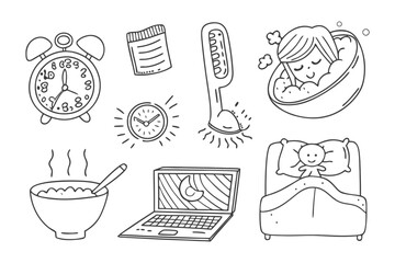 Daily Rituals: A whimsical and intricately drawn collection of daily routine essentials, from an alarm clock to a warm bath, offering a glimpse into a typical day.