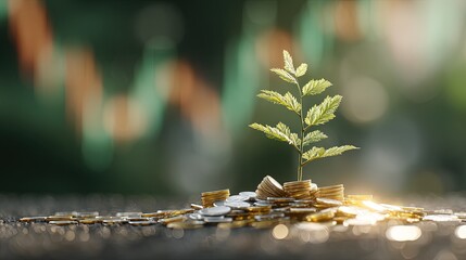 Small Plant Growing From Pile Of Gold Coins