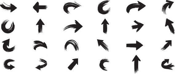 Brush Stroke Arrow Icons. Hand-Painted Arrows in Red, Blue and Black. Free Brush Stroke Arrow Icons. Curved, Straight and Textured Designs. Brush Style Arrow Icons. Abstract Painted Arrows for Graphic