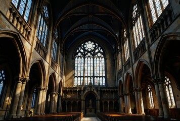 Fototapeta premium The interior of a grand cathedral bathed in sunlight through stained glass windows, showcasing intricate Gothic architecture with arched ceilings and pillars