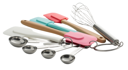 Colorful Kitchen Utensils Measuring Spoons Whisk and Spatulas on Transparent Background
