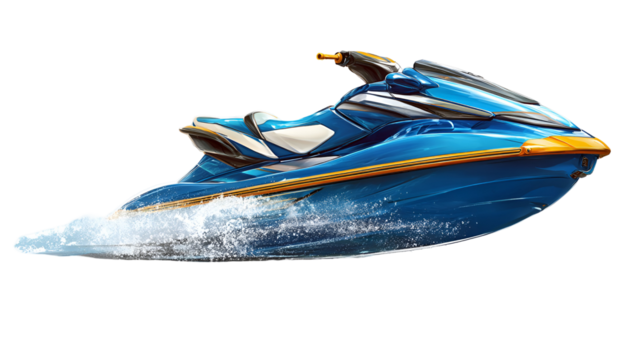 Blue jet ski with water splash isolated on transparent background