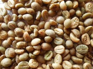 A pile of raw, unroasted coffee beans. The beans have a natural green and brown color, highlighting the initial process of coffee production. This image is perfect for themes related to coffee