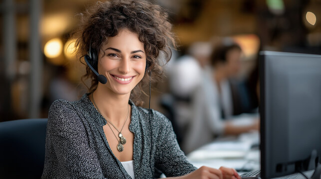 Customer Service Rep Assisting in a Call Center with Warm Lighting