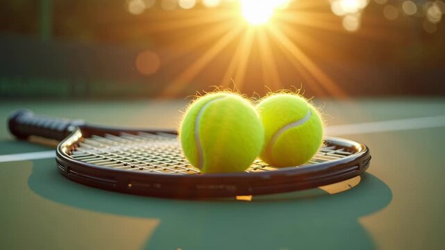Two tennis balls resting on vintage racket in warm golden sunlight, perfect for sports branding, leisure visuals and outdoor lifestyle promos, 4K, motion.