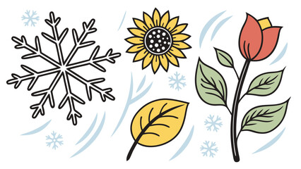 Charming doodle illustration featuring a sunflower, snowflake and tulip for seasonal designs, invitations, and spring-themed projects