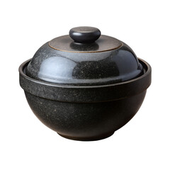 "Round Korean hot stone plate made of black granite, smooth surface with slight texture, isolated on transparent background, top-down view, realistic lighting, photorealistic style"