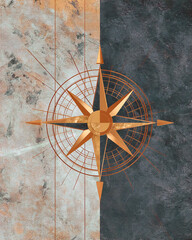 Art Deco style: vintage travel map layout, bronze geometric compass over sandy green texture, elegant navigation aesthetic