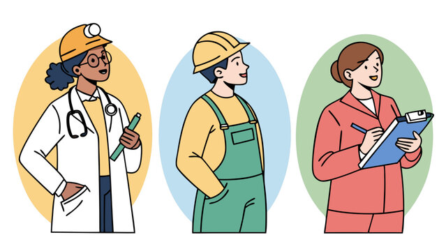 Essential workers doctor engineer inspector in modern flat vector, diverse professionals for business, construction and healthcare needs