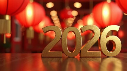Golden 2026 digits with glowing red lanterns in Chinese style celebration setting, ideal for Lunar New Year branding, cultural event promos and traditional holiday visuals, 4K, motion.