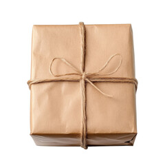 Brown paper wrapped package gift, neatly wrapped brown paper package tied with twine, isolated on transparent background
