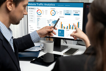 Computer software for website traffic analytics data on computer screen. Concept of SEO search...