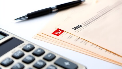 A calculator, pen, and tax documents on a desk with the word "TAX" stamped in bold red ink.

