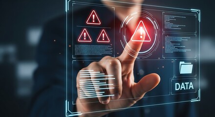 Strengthen cybersecurity with advanced protection as hand activates a digital warning signal on modern interface