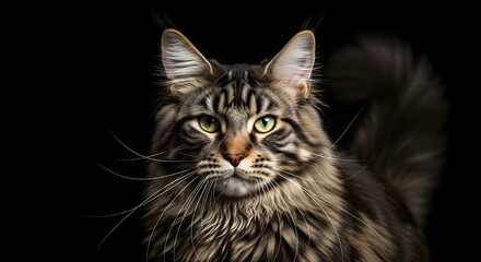 Obraz premium A majestic maine coon cat with piercing green eyes against a stark black studio background portrait view