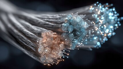 Glowing fiber optic strands with blue and amber light tips