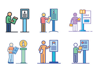 Conceptual illustration of individuals interacting with informational kiosks and displays