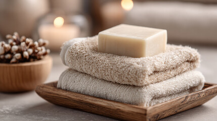 Natural handmade soap resting on neatly folded cotton towels on a wooden tray, styled for spa and wellness promotion