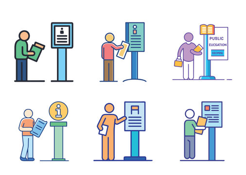 Conceptual illustration of individuals interacting with informational kiosks and displays