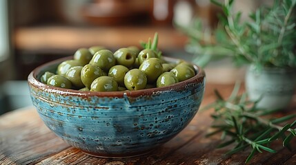 Delicious green olives served in rustic blue bowl with rosemary sprigs on a wooden kitchen table